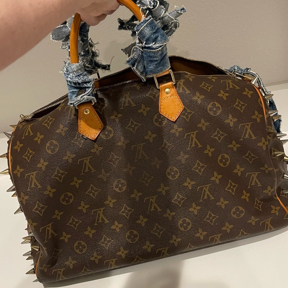 Reworked denim studded Louis Vuitton speedy